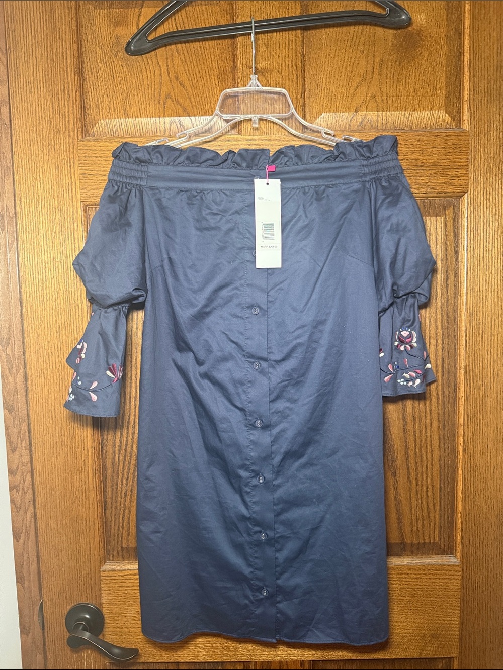 Parker Navy Blue Off-Shoulder Button-Front Dress with Embroidered Sleeves